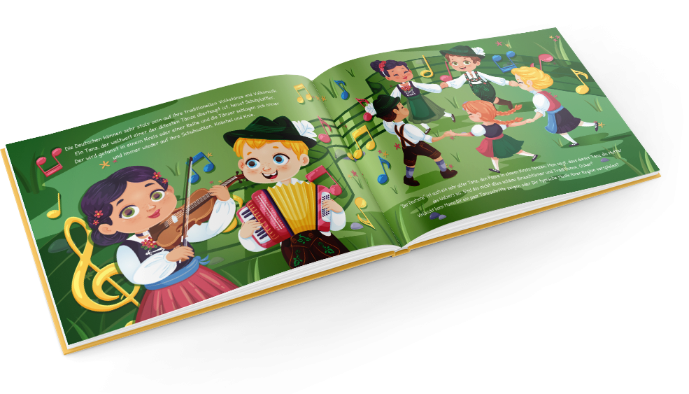 Kinderlieder und -tänze oder deutsches traditionelles Essen: Kinder entdecken mehr in diesem personalisierten Buch